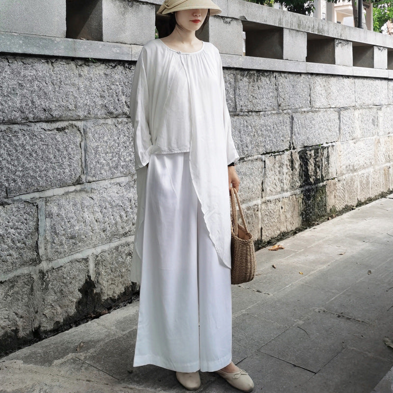 Casual White Long Sleeves Blouses and Linen Pants