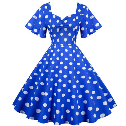 Retro Dot Print Short Sleeves Short Dresses-STYLEGOING