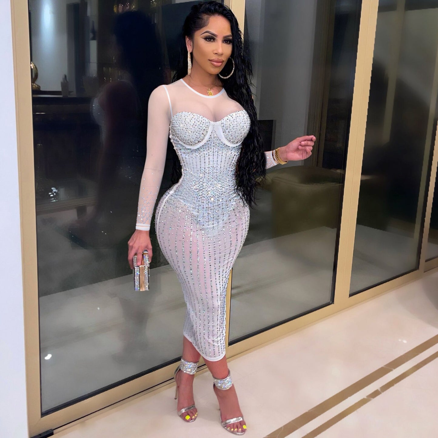 Sexy Diamond Inlay Long Sleeves Night Party Dresses