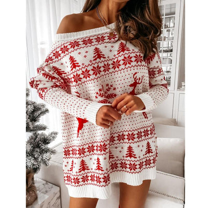 Sexy One Shoulder Christmas Tree Knitting Loose Long Sweaters