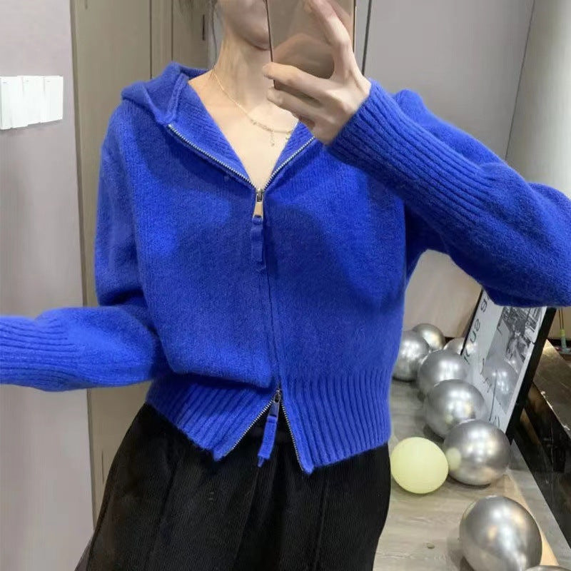 Casual Double Zippered Short Knitting Hoodies Sweaters