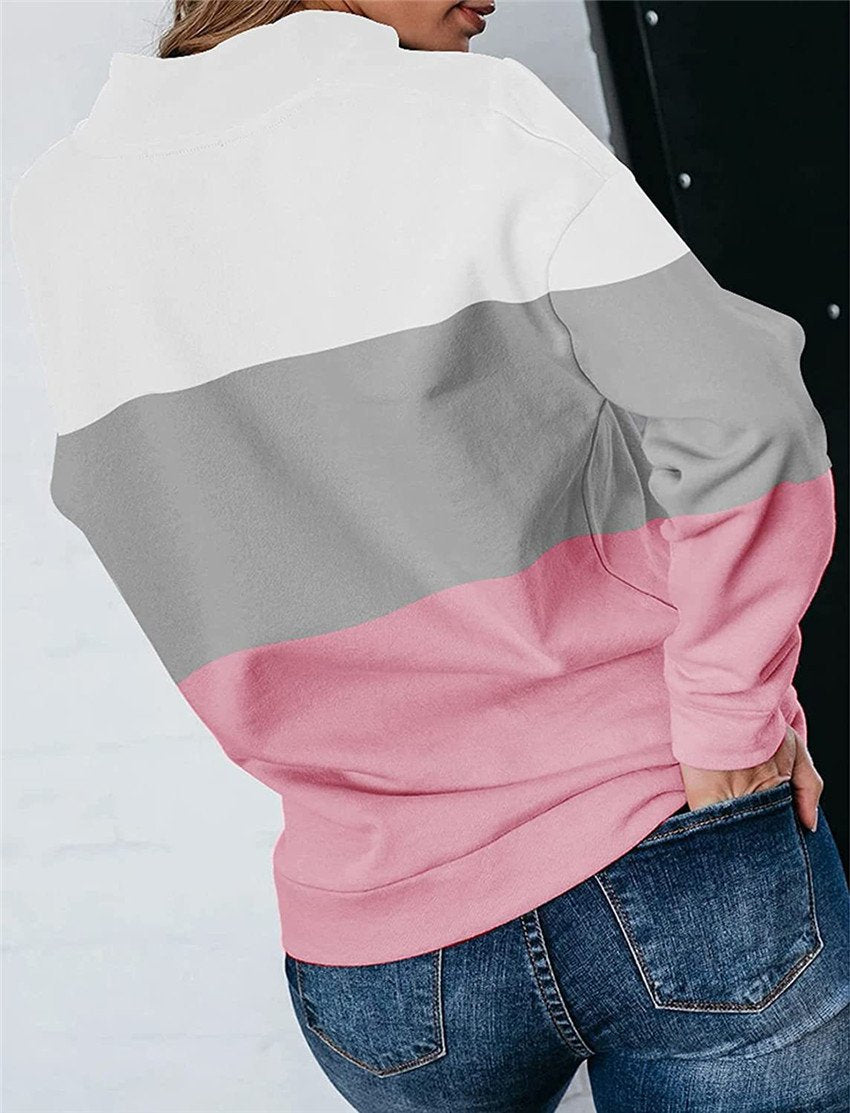 Women Casual Contrast 3 Colors Zipper Neck Fall Hoodies