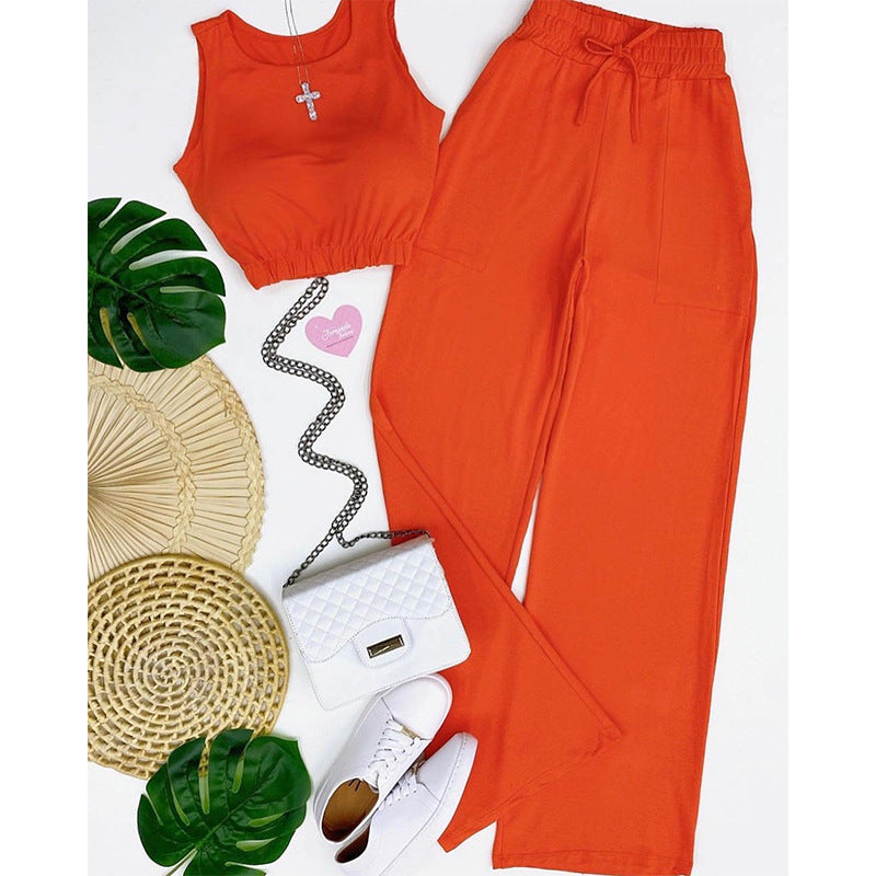 Casual Drawstring Short Tops and Wide Legs Pants
