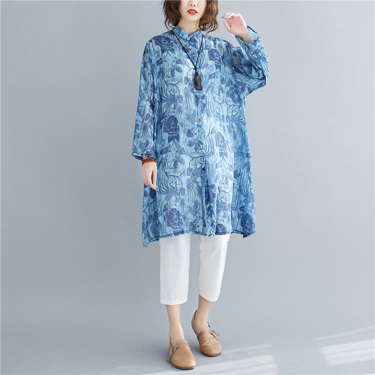 Blue Plus Sizes Long Women Shirts