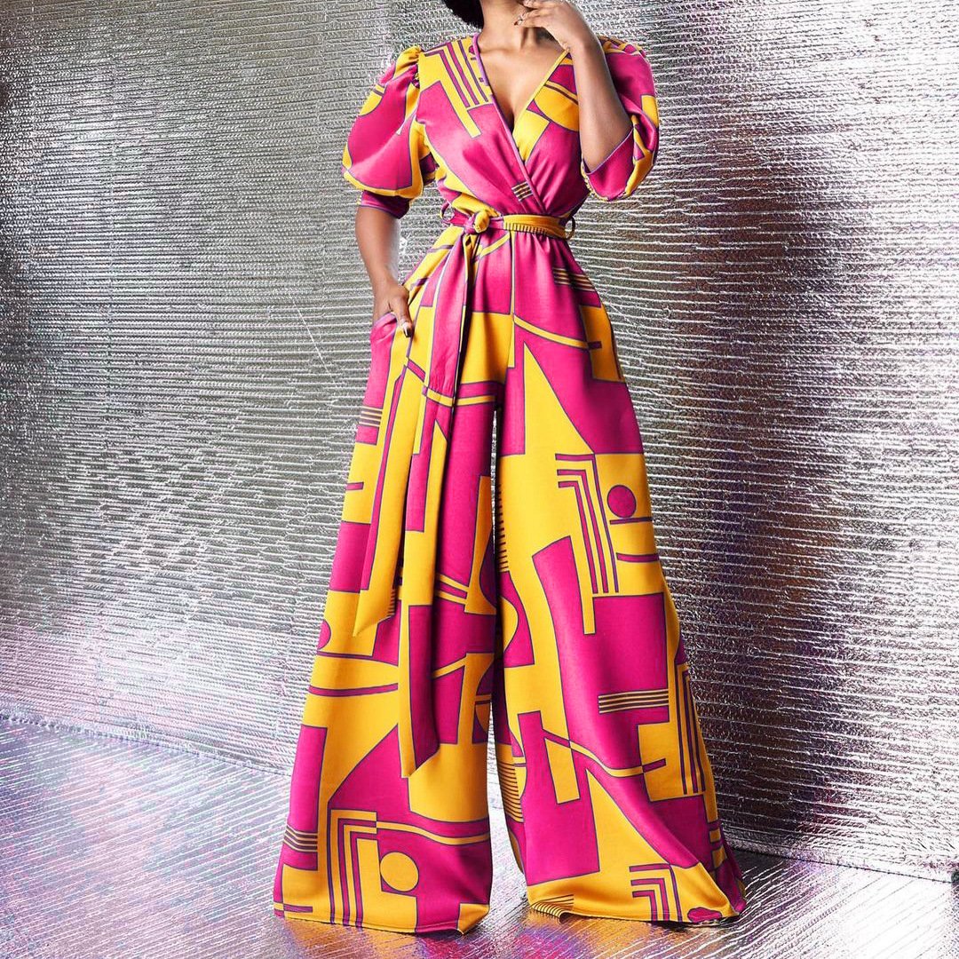 Women High Waist Print Jumpsuits-STYLEGOING
