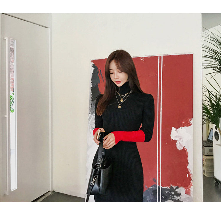 Sexy High Neck Knitted Elastic Long Dresses