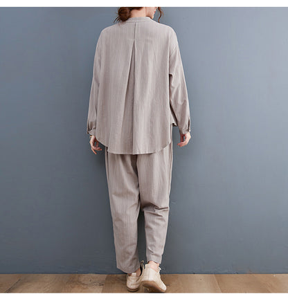 Vintage Striped Linen Plus Sizes Two Pieces Suits