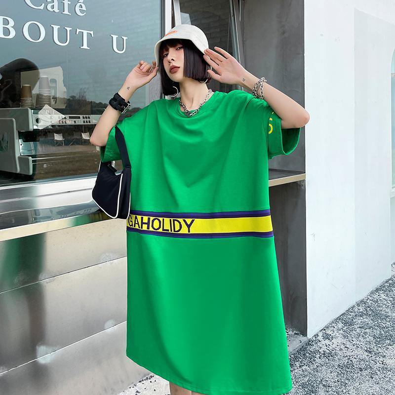 Women Summer Short Sleeves Letter T Shirt Dresses-STYLEGOING
