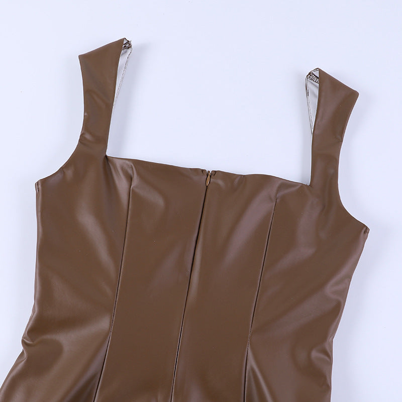 Sexy PU Leather Long Sleeveless Dresses