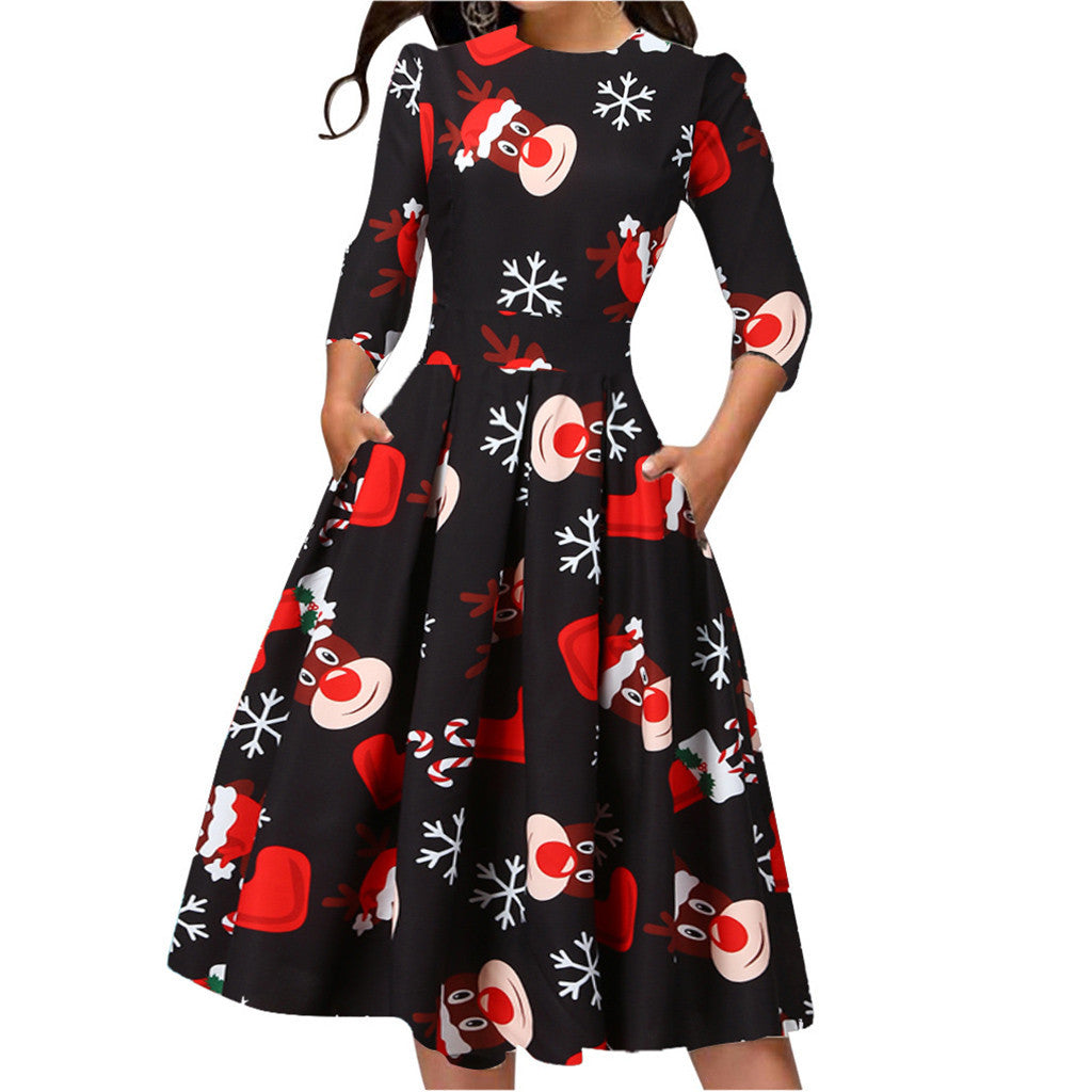 Merry Christmas Round Neck 3/4 Length Short Dresses