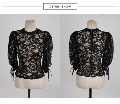 Sexy Puff Sleeves Two Pieces Black Lace Party Dresses