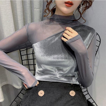 Sexy High Neck Pleuche Long Sleeves Shirts