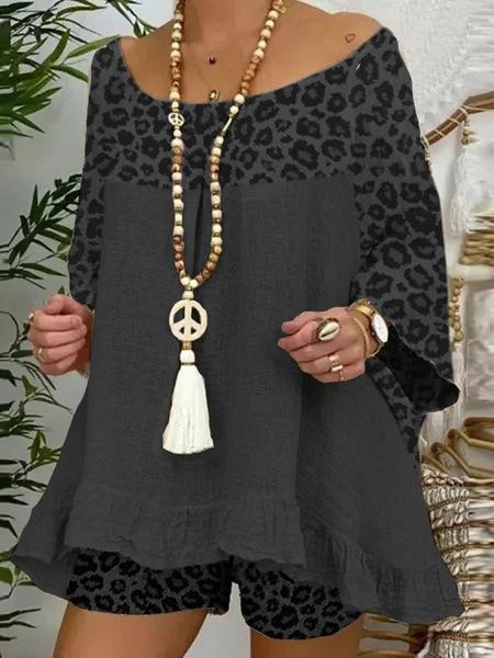 Plus Size Sumemr Leopard Linen Blouses&Shorts Suits-STYLEGOING