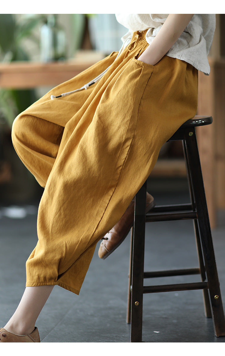 Vintage Elastic Waist Linen Summer Trousers for Women
