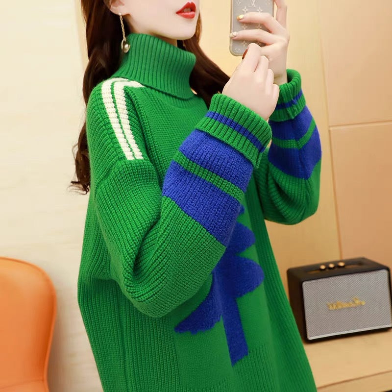 Merry Christmas Turtleneck Tree Design Women Knitting Sweaters