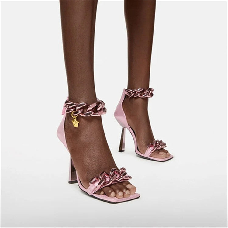 Women Metal Chains Plus Sizes Summer High Heels Sandals