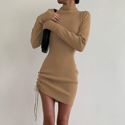 Sexy Women High Neck Drawstring Bodycon Fall Short Dresses