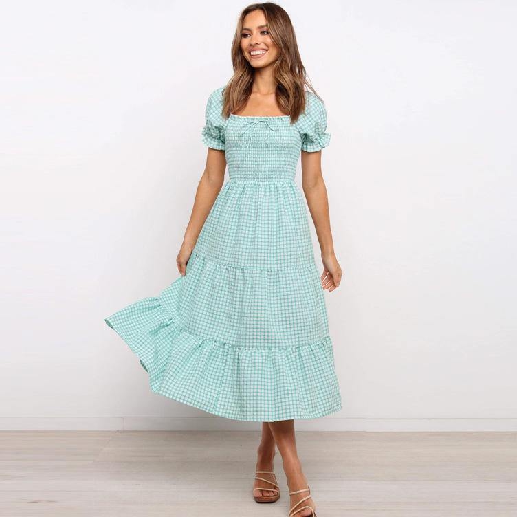 Sweet High Waist Light Green Plaid Long Dresses-STYLEGOING