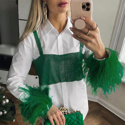 Fashion Women Long Sleeves Feather Design White Shirts