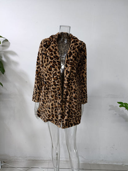 Fashion Leopard Faux Fur Women Overcoat