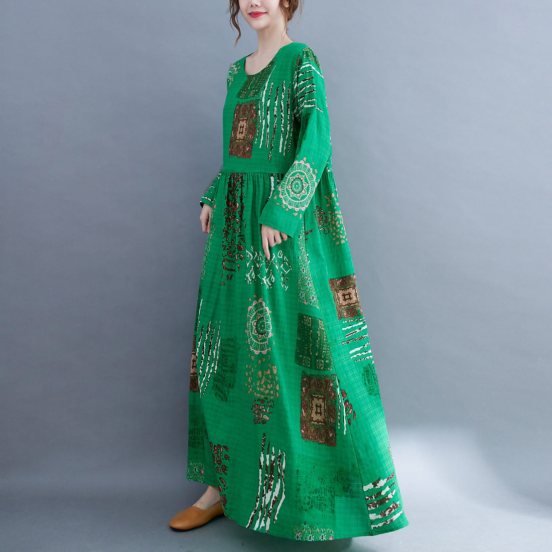Women Green Plus Sizes Long Sleeves Cozy Dresses