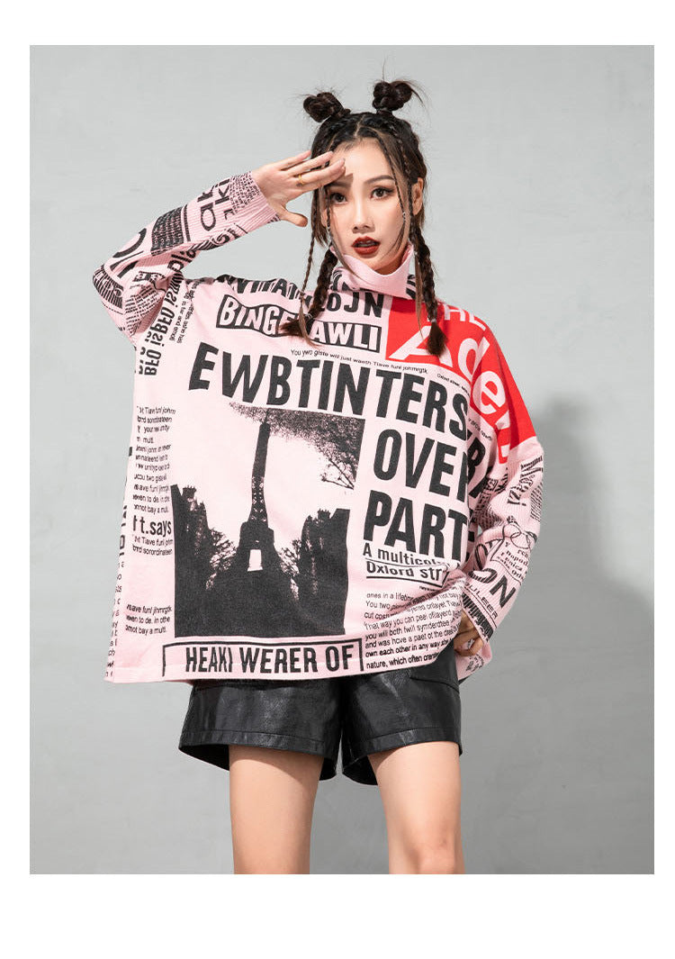 Plus Sizes Turtleneck Newspaper Print Women Sweaters