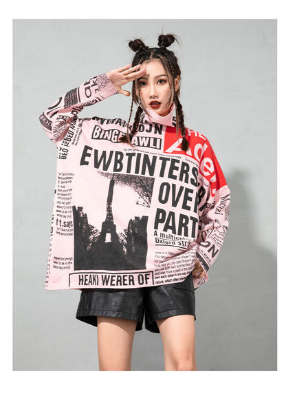 Plus Sizes Turtleneck Newspaper Print Women Sweaters