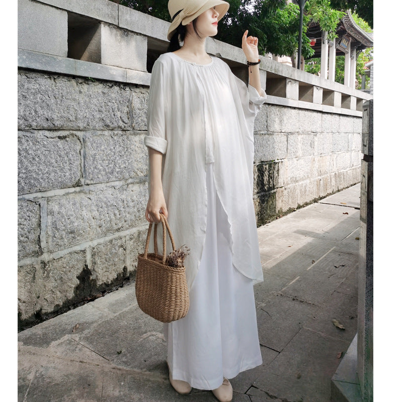 Casual White Long Sleeves Blouses and Linen Pants