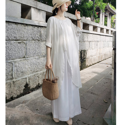 Casual White Long Sleeves Blouses and Linen Pants