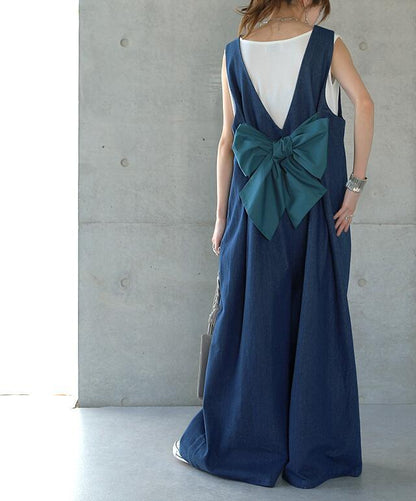 Leisure Wide Legs Rompers with Bow Design