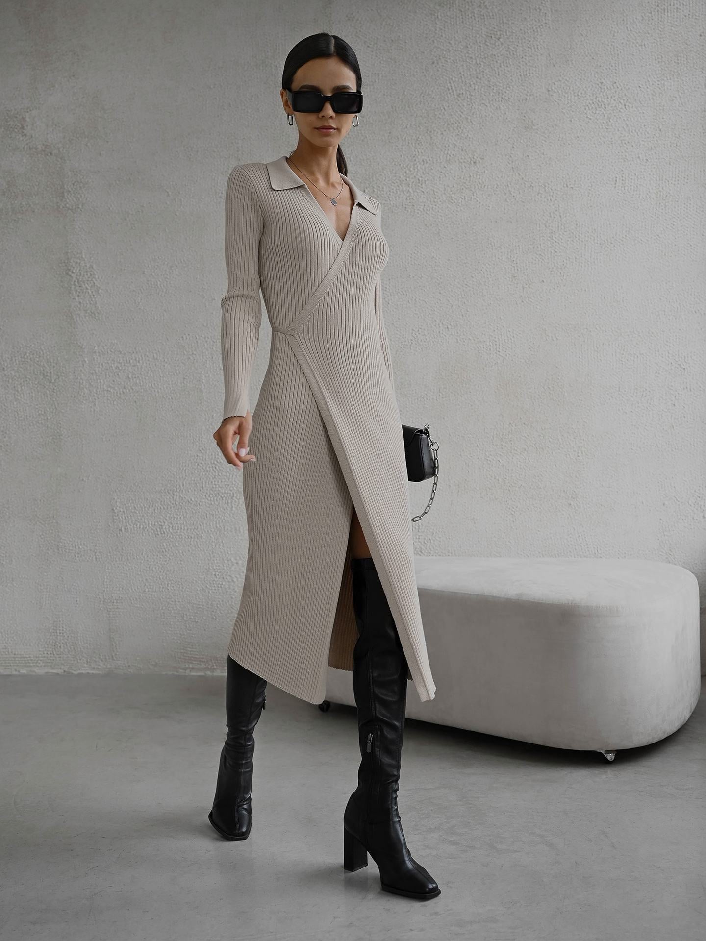 Sexy Polo Neckline Tight Knitted Dresses
