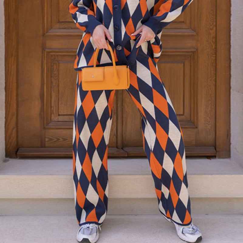 Women Geometry Casual Knitting Top&Pants Two Pieces Suits