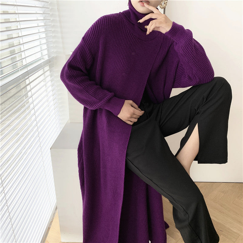 Designed High Neck Split Knitted Pullover Long Dresses