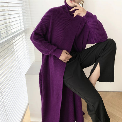 Designed High Neck Split Knitted Pullover Long Dresses