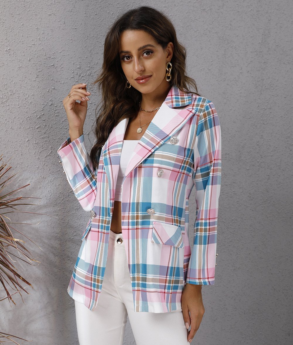 Women Colorful Plaid Long Sleeves Blazers-STYLEGOING