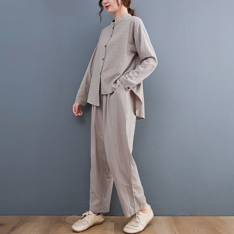 Vintage Striped Linen Plus Sizes Two Pieces Suits