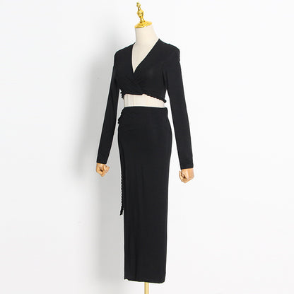 Sexy V Neck Long Sleeves Top and Split Front Skirt Sets