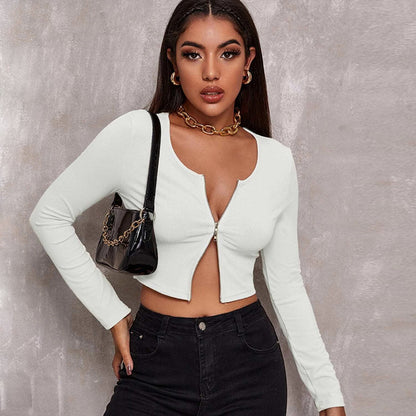 Sexy Zipper Knitted Long Sleeves T Shirts