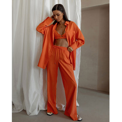 Casual Long Sleeves Shirts and Wide Legs Pants Suits