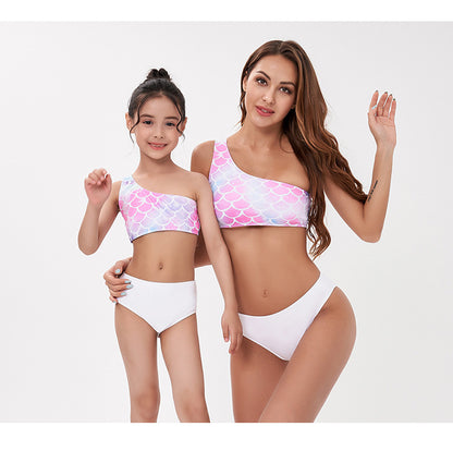 Sexy One Shoulder Mother and Daughter Two Pieces Swimwear