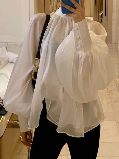 Black and White High Neck Women Long Sleeves Shirts