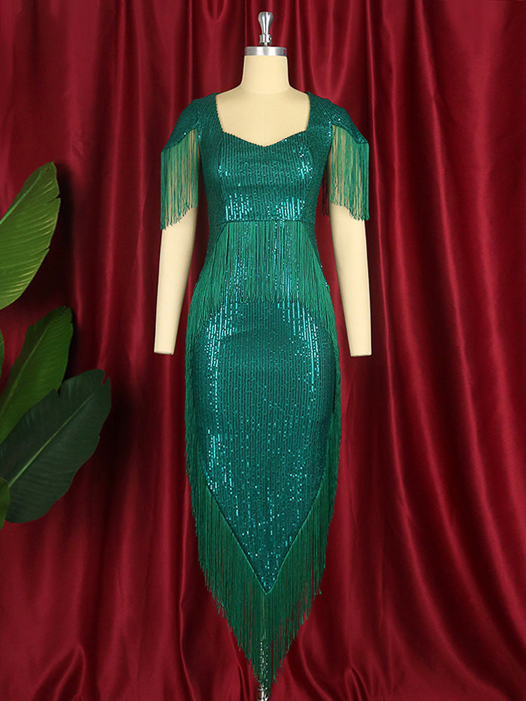Green Tassels Design Irregular Party Dresses
