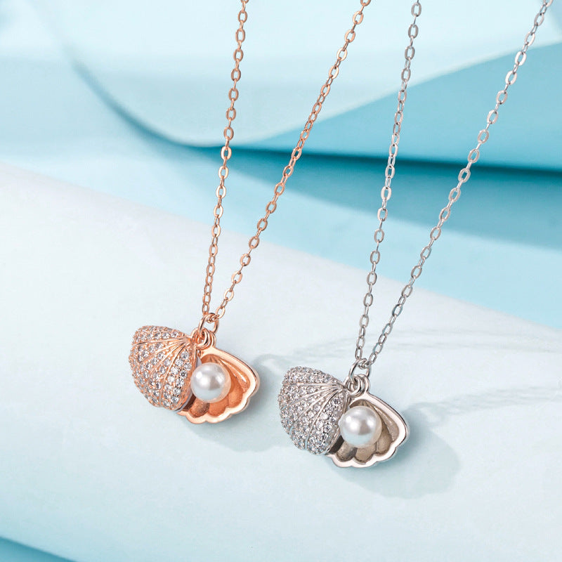 Women Fan Shaped Pearl Sterling Sliver Necklace