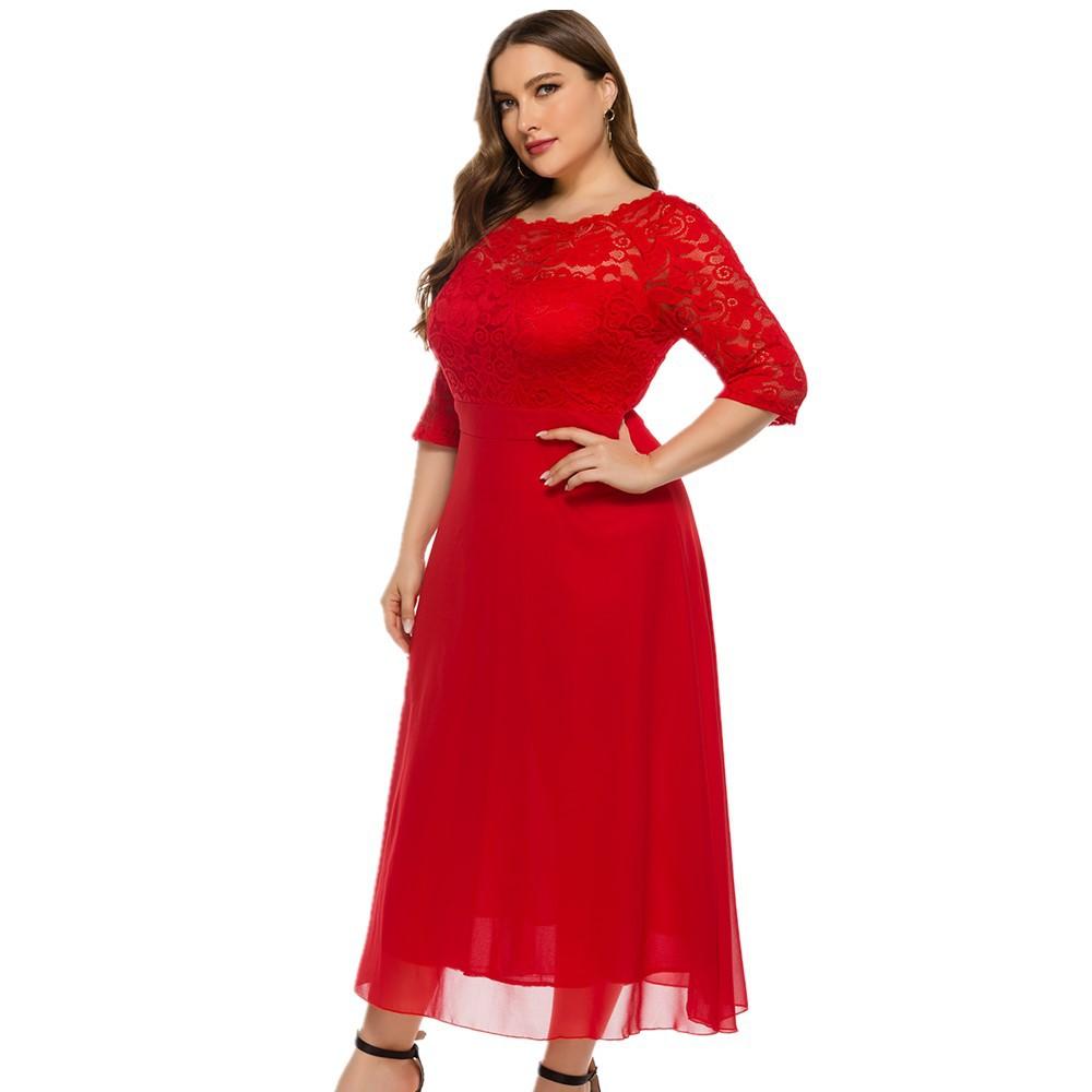 Red 3/4 Length Sleeves Lace Red Plus Size Dresses-STYLEGOING