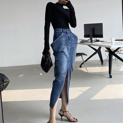 Designed Women High Waist  Split Front Denim Skirts