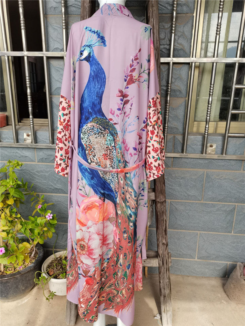 Peacock Print Kimono Beachwear Cover Ups