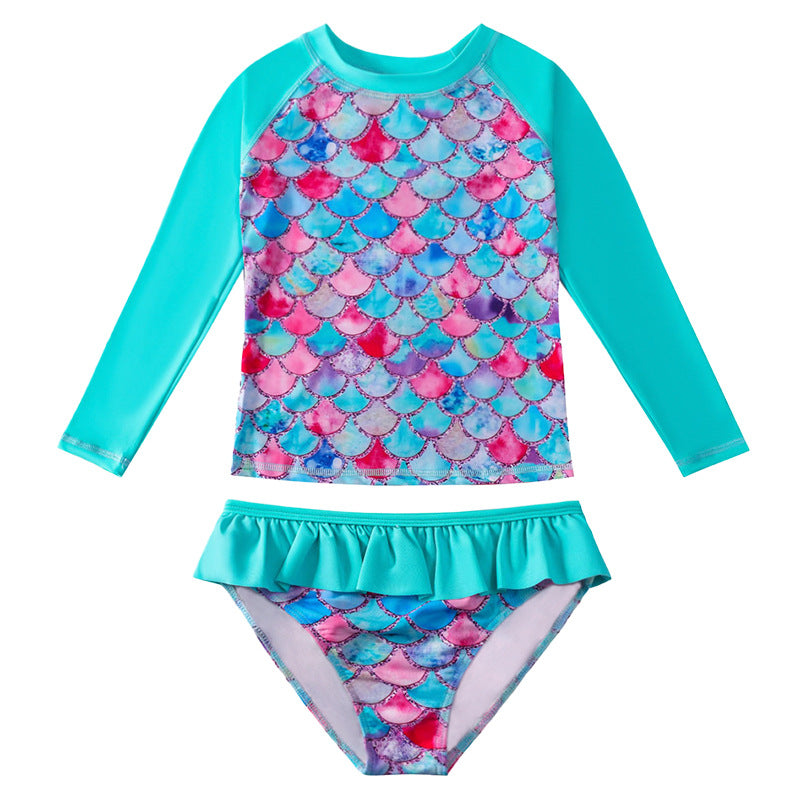 3D Fish Scale Design Two Pieces Swimsuits for Girls