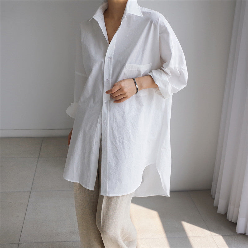 Casual Cotton White Midi Length Women Long Sleeves Shirts