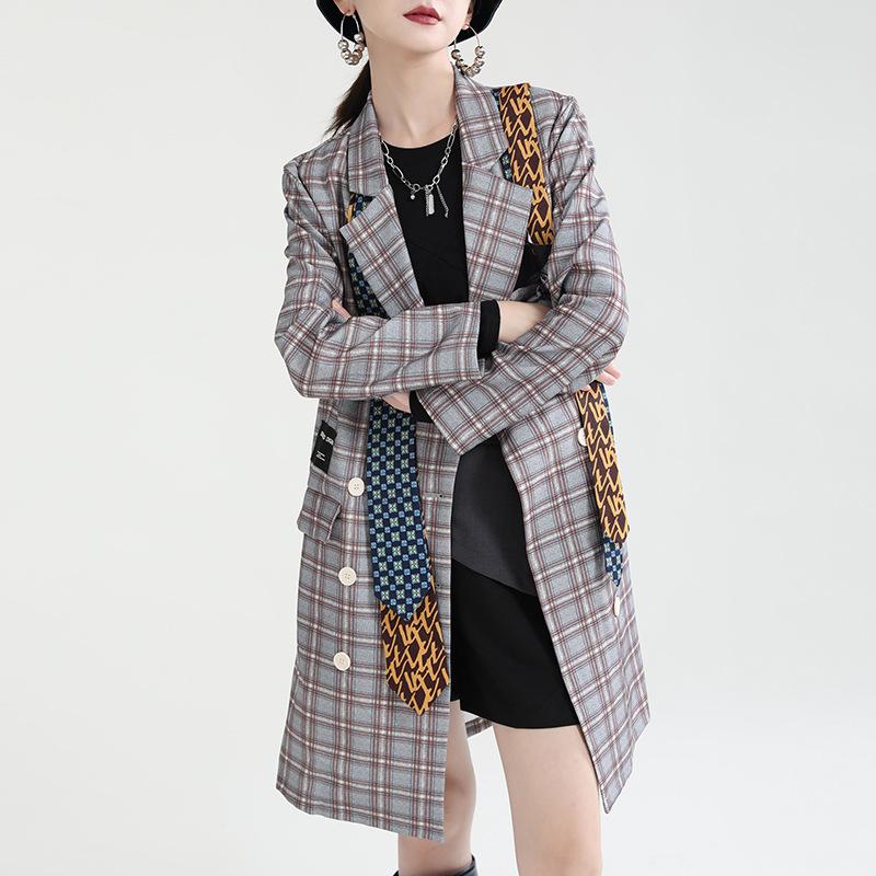 Women Double Breasted Fashion Necktie Blazer Coat