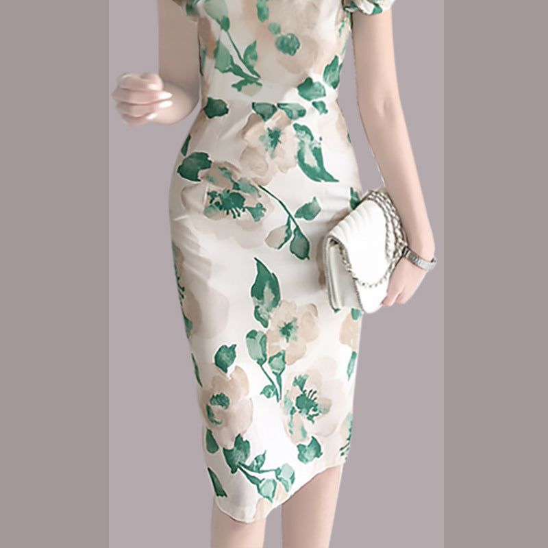 Elegant Summer Round Neck Green Leaf Women Sheath Dresses